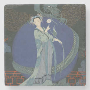Dame met een draak (kleurenlitho) stenen onderzetter