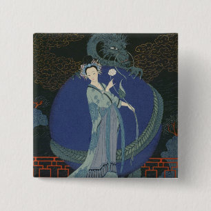 Dame met een draak (kleurenlitho) vierkante button 5,1 cm
