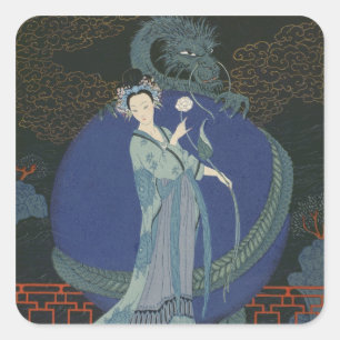 Dame met een draak (kleurenlitho) vierkante sticker