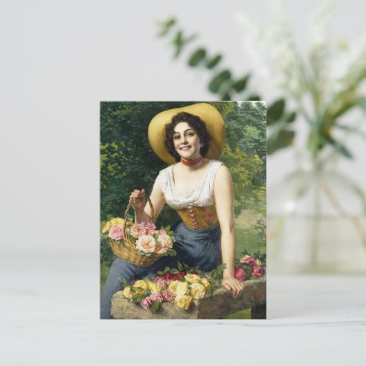 dame met een mandje Rozen Briefkaart (Staand voorkant)