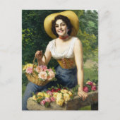 dame met een mandje Rozen Briefkaart (Voorkant)