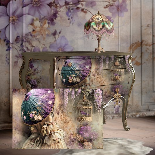 Dame met een parasol, vogel & vogelkooi, Bloemen Tissuepapier