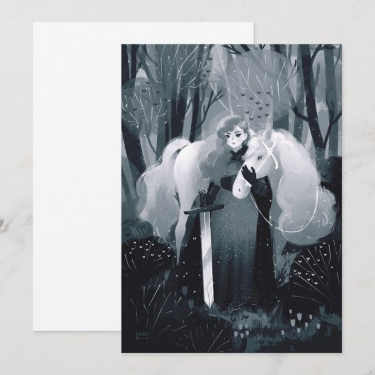 Dame met een zwaard en een witte paard zwart-wit kaart (Voorkant / Achterkant)