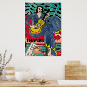 Dame met gitaar & Koffiebeker, voeg tekst toe Poster (Keuken)