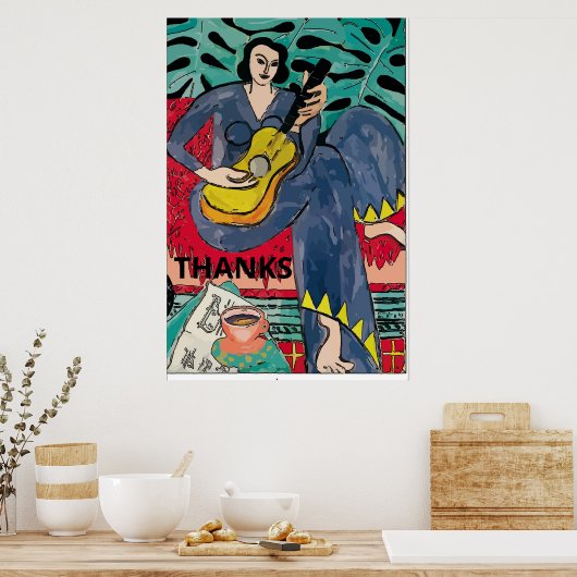 Dame met gitaar & Koffiebeker, voeg tekst toe Poster (Keuken)