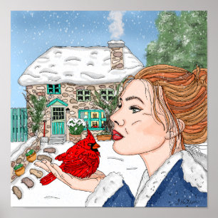 Dame met kardinaal voor de Engelse Cottage Poster