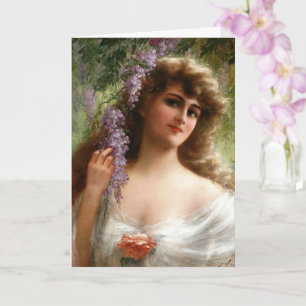 dame met paarse bloemen en Roos Kaart