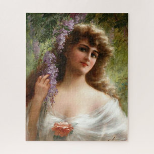 dame met paarse bloemen en Roos Legpuzzel