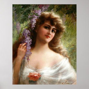 dame met paarse bloemen en Roos Poster