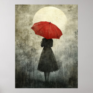 Dame met rode paraplu – Surreal Silhouette Art Poster