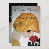 DAME MET RODE ROOS MONOGRAM BRUIDSSLUIER FEESTJE KAART (Voorkant / Achterkant)