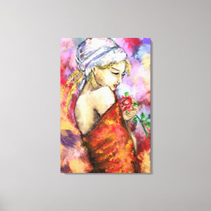 Dame met Roos - Abstracte Vrouw Originele Schilder Canvas Afdruk