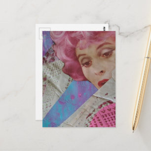 Dame met roze haar Retro Dames Mixed Media Collage Briefkaart
