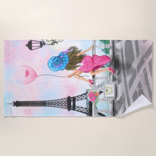  dame met roze hartballon - Ik hou van Parijs Strandlaken (Voorkant)