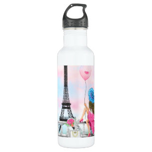  dame met roze hartballon - Ik hou van Parijs Waterfles