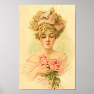 dame met roze rozen herstelde kunst poster