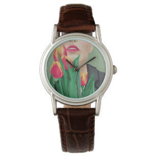Dame met tulp Groen & Sinaasappel Modern Graphic Horloge
