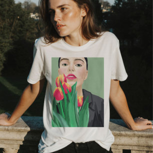 Dame met tulp Groen & Sinaasappel Modern Graphic T-shirt