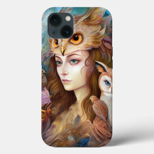 Dame met Uil Surreal Fantasy Kunst iPhone 13 Hoesje