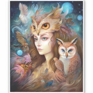 Dame met Uil Surreal Fantasy Kunst Sticker
