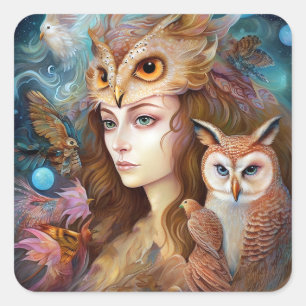 Dame met Uil Surreal Fantasy Kunst Vierkante Sticker