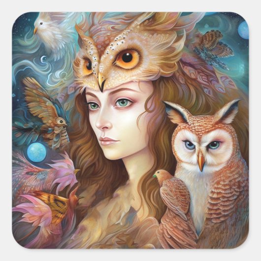 Dame met Uil Surreal Fantasy Kunst Vierkante Sticker (Voorkant)
