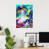 DAME MET VEERGEMASKER Venetiaanse Maskerade Nacht Poster (Thuiskantoor)
