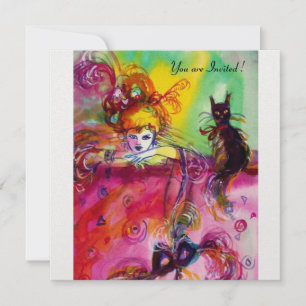 DAME MET ZWARTE KAT /Mardi Gras Maskerade Feest Kaart