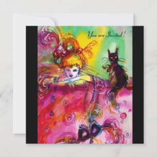 DAME MET ZWARTE KAT /Mardi Gras Maskerade Feest Kaart