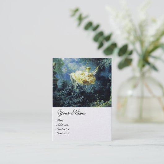 DAME OP DE SCHOMMEL MONOGRAM Blauw Geel Wit Parel Visitekaartje (Staand voorkant)