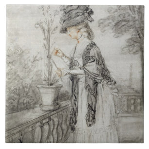 Dame op een Terrace die een Plant van de anjer bui Tegeltje