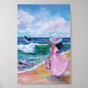 Dame op het strand met walvis poster