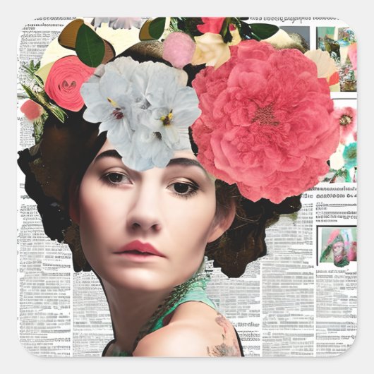 Dame Papier Collage Art Vierkante Sticker (Voorkant)