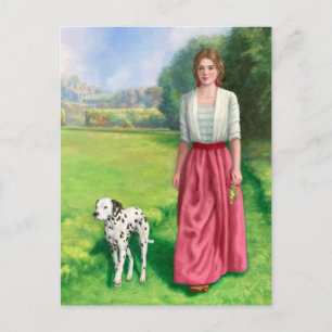 "Dame se promenant avec Dalmate." Carte postale