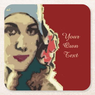 Dame uit de jaren 20 in een blauwe hoed Pop Art aa Vierkante Kartonnen Onderzetter