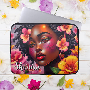 dame van kleur roze bloemen gepersonaliseerd laptop sleeve