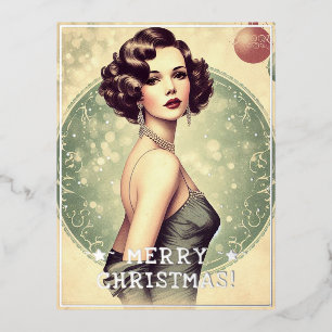  dame vrolijke kerstgroeten retro foto folie feestdagen briefkaart