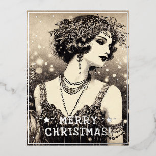  dame vrolijke kerstgroeten retro foto folie feestdagen briefkaart