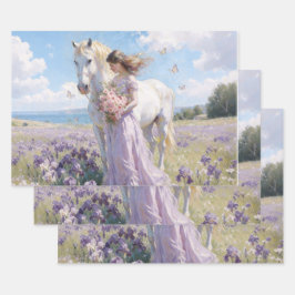 Dame & Witte Paard in Irisveld Inpakpapier Vel