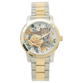 Damenuhr mit Leoparden und Rosen Horloge