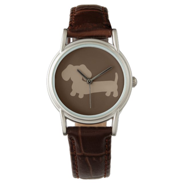 Dames Chocolade Bruin Dachshund Lederen Horloge (Voorkant)