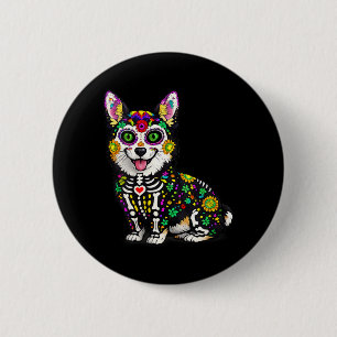 Dames Corgi Hond Mexicaanse Suiker Schedel Calaver Ronde Button 5,7 Cm