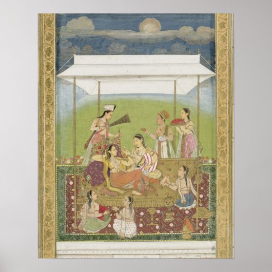 Dames die naar muziek luisteren in een tuin, van d poster (Voorkant)