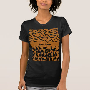 Dames Halloween Zwarte Kat Vleermuis Patroon T-shirt