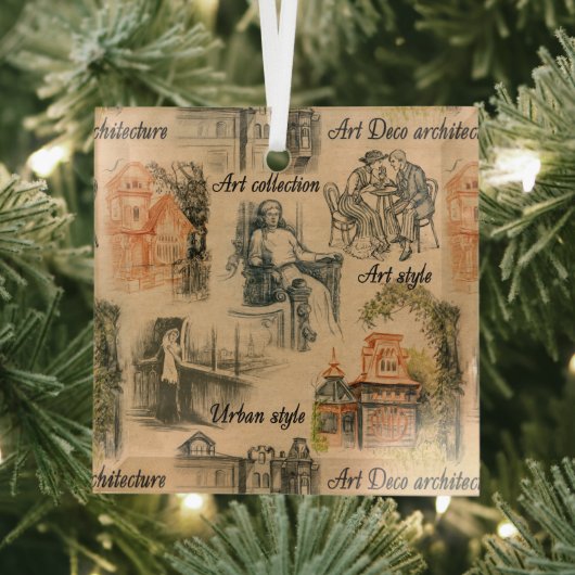  dames in de stad potlood tekening glas ornament (Insitu)