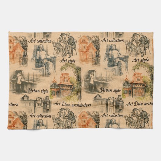  dames in de stad potlood tekening theedoek (Horizontaal)