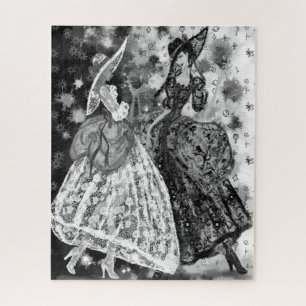 Dames in het gezicht des jurken Puzzle Black, wit Legpuzzel