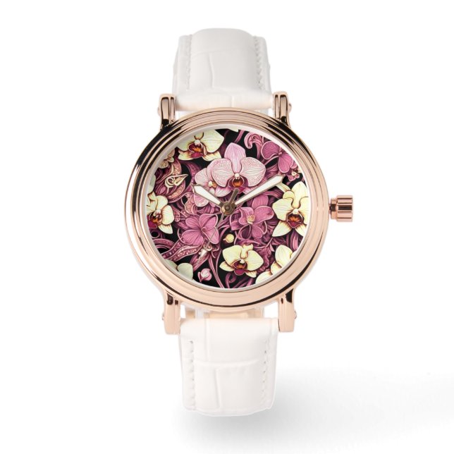 Dames kijken wit met orchidee design gezicht horloge (Voorkant)