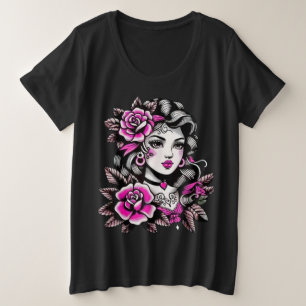Dames Maat Tattoo Stijl Vrouw met Rozen Grote Maat T-shirt