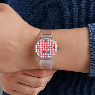 Dames Monogram Rode Witte Gingham Doorzichtige Sil Horloge